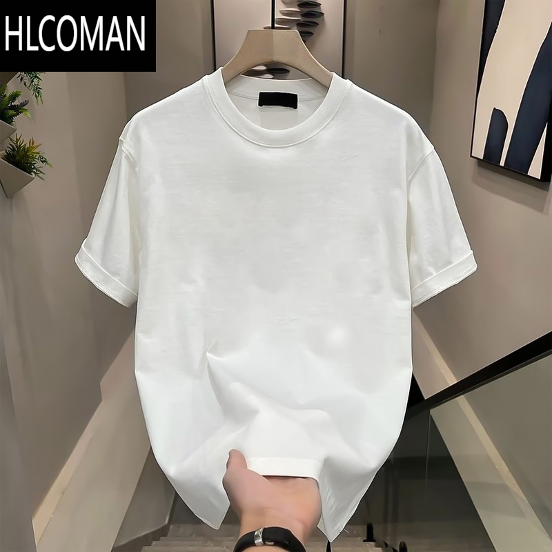 HLCOMAN夏季衣服高端T恤短袖男纯色2025新宽松休闲潮流百夏 L建议120-140斤 白色