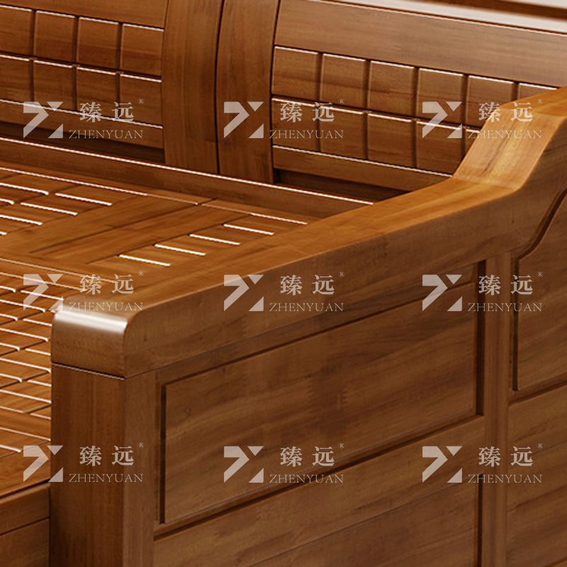 臻远 ZY4022937 香樟木实木沙发组合新中式冬夏两用沙发 四人位贵妃位含长茶几凳子高清大图