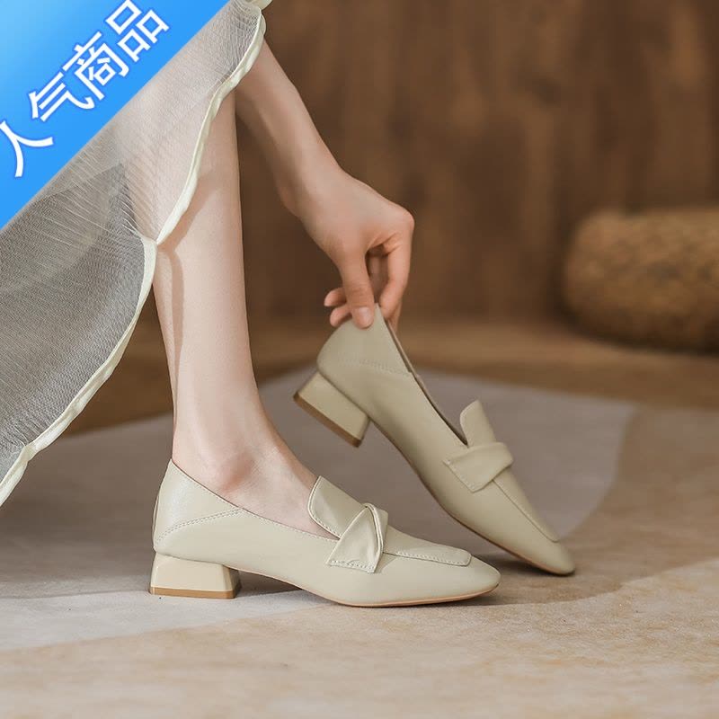 SUNTEK乐福鞋女粗跟新款2023显脚小春秋单鞋方头中跟百搭软皮小皮鞋图片