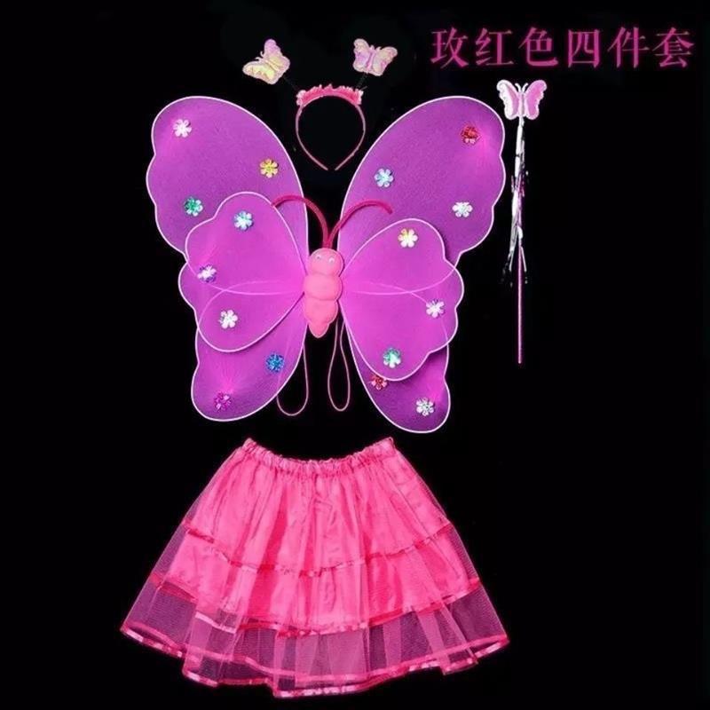 六一发光蝴蝶翅膀玩具魔法棒套装儿童仙女棒女孩表演背饰精灵装扮|红色 发光三件套