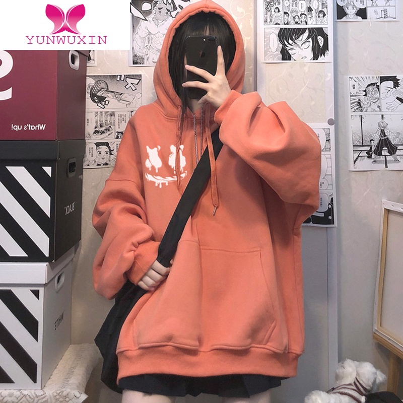 YUNWUXIN橙色卫衣女加绒加厚连帽宽松bf慵懒风hiphop上衣oversize外套