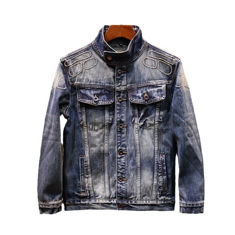 青年牛仔外套男秋冬新款复古做旧夹克上衣宽松街头牛仔衣高清大图