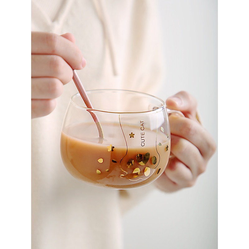 简约透明杯子玻璃高温家用女清新森系大肚咖啡牛奶水杯 樱花+勺子高清大图