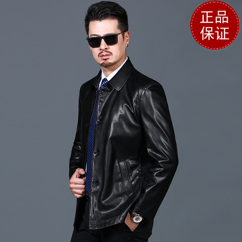 免费试穿 冬天休闲夹克皮衣单排扣男式外套翻领中老年人皮夹克宽松大码加绒2024冬装新款外套潮海宁软皮夹克大码男装
