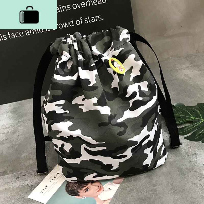 森系大容量水桶抽绳双肩包男女跑步休闲帆布背包学院风简易书包NEW LAKE 抽绳迷彩豆绿