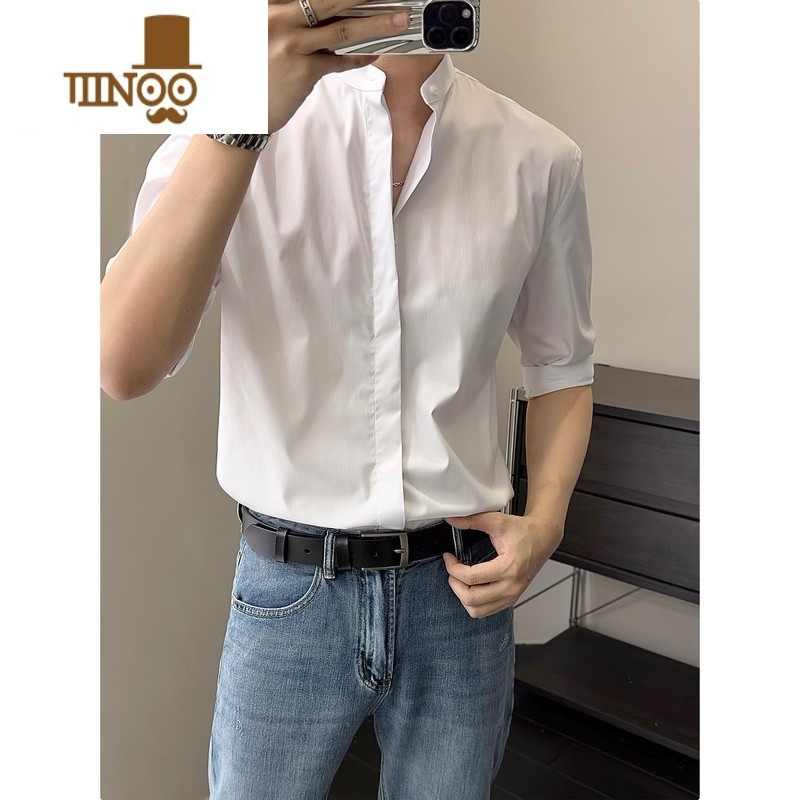YANXU秋季潮牌男士立领长袖衬衫感新中式男装中国风修身七分袖衬衣