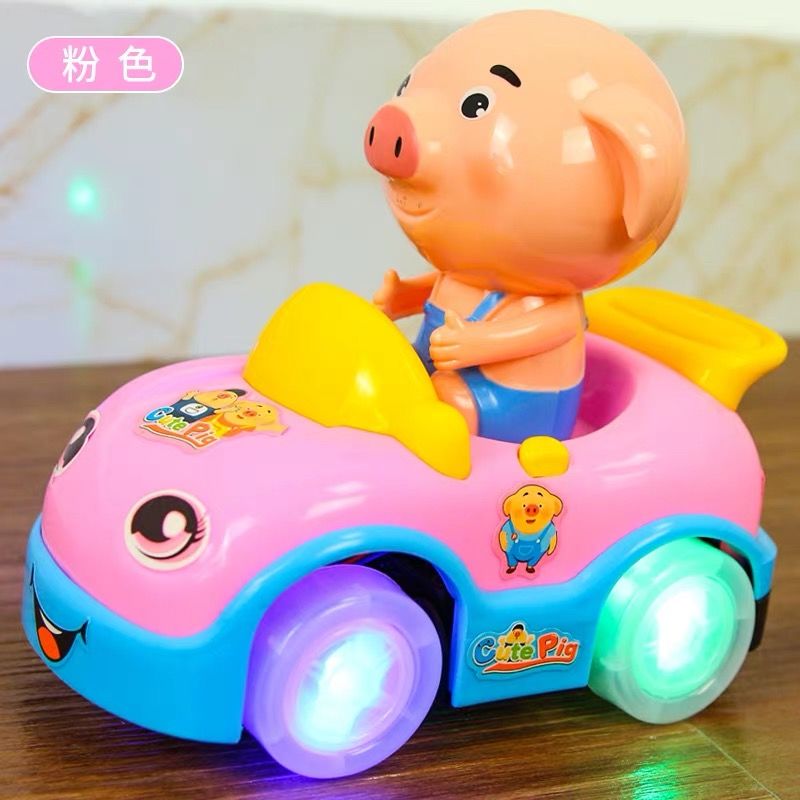 车猪小屁小汽车儿童灯光音乐万向轮男孩玩具车1-3岁 万向猪猪车(粉色)