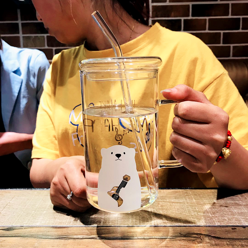 美帮汇玻璃杯女带盖带把吸管杯超萌大容量马克杯办公室水杯奶昔杯子高清大图
