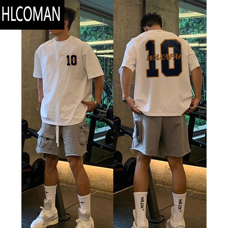 HLCOMAN美式潮牌创意数字10短袖T恤男夏炸街宽松小领口半袖嘻哈上衣