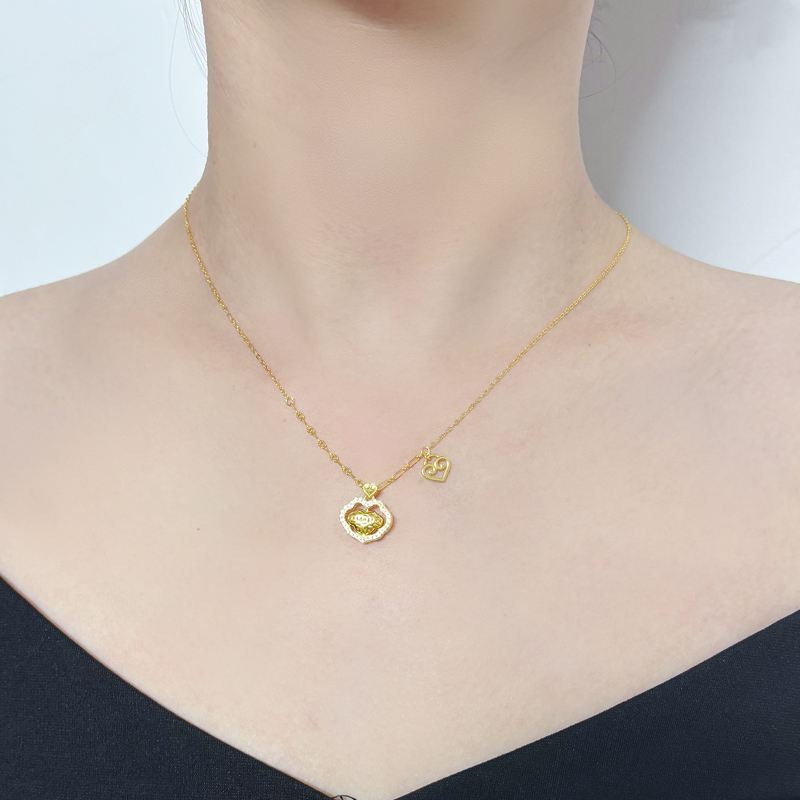 北京黄金 S925 银镶石拉丝福锁套链 国风如意锁 送女友礼物高清大图