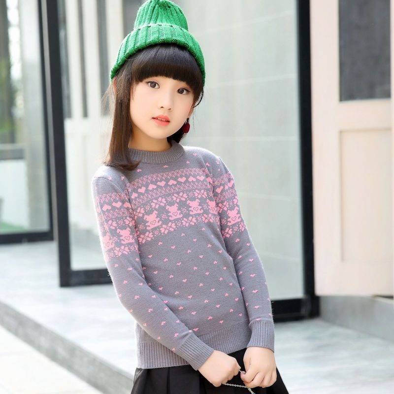 [促销]双层提花童装女童毛衣秋冬款高领毛线衣圆领套头春秋款儿童羊毛