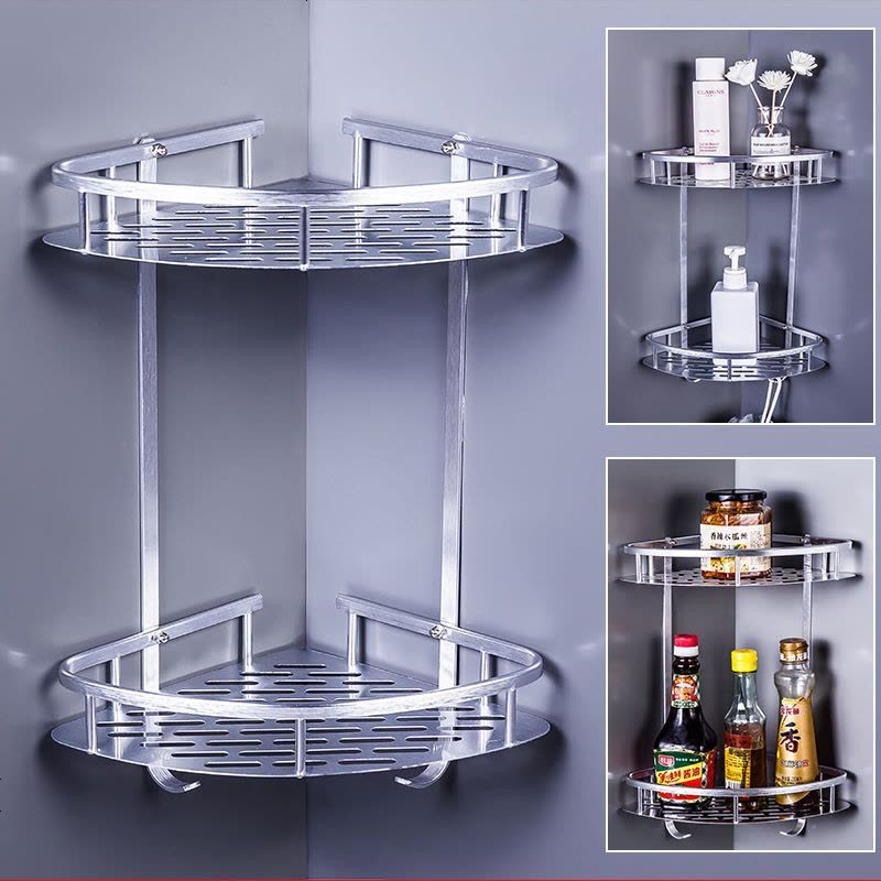 浴室卫生间置物架免打孔太空铝厨房收纳架洗手间五金挂件三角架 免打孔(三角加厚)优雅银-单层带挂钩图片