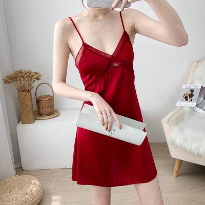 酒红色 三角吊裙 M(建议80-90斤) 小胸仙女裙性感睡衣女夏仿丝水溶花蕾丝镂空露背吊带睡裙女家居服
