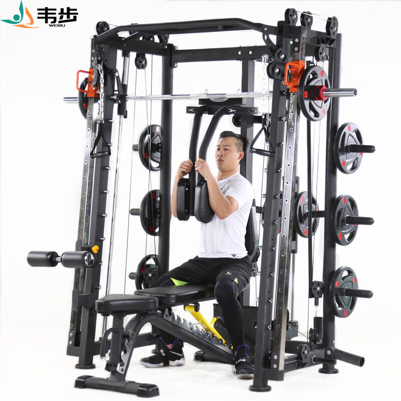 韦步WF-6017史密斯机多功能飞鸟卧推举重龙门架力量健身训练器械单机+100KG杠铃片高清大图