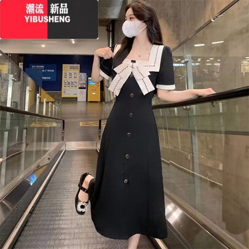 YIBUSHENG大码赫本风方领蝴蝶结连衣裙女季黑色复古裙子胖mm遮肉显瘦长裙