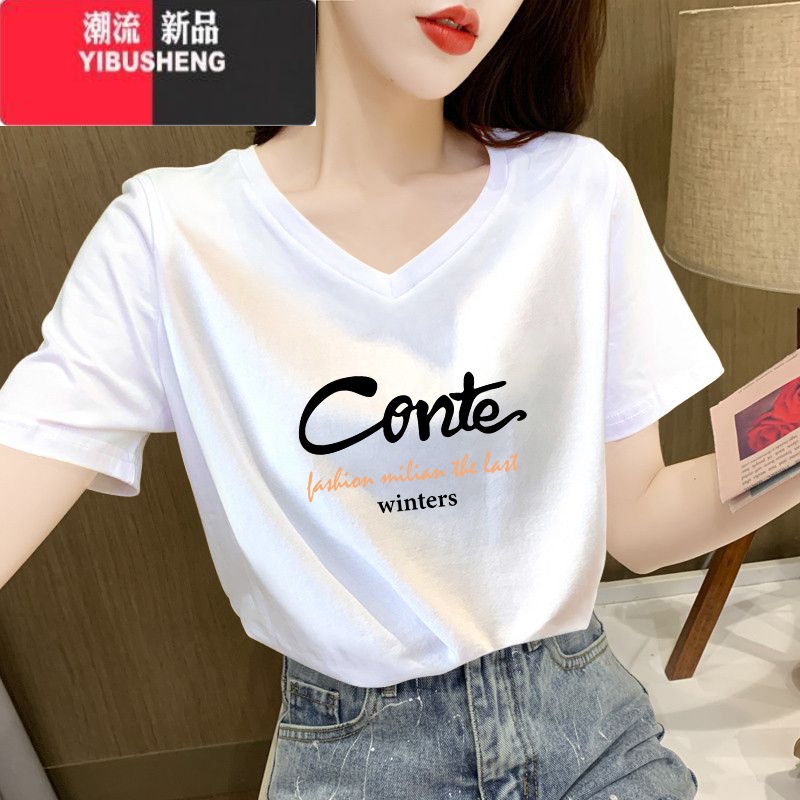 YIBUSHENG白色v领短袖t恤女宽松显瘦季2024新款时尚鸡心领上衣薄款高清大图