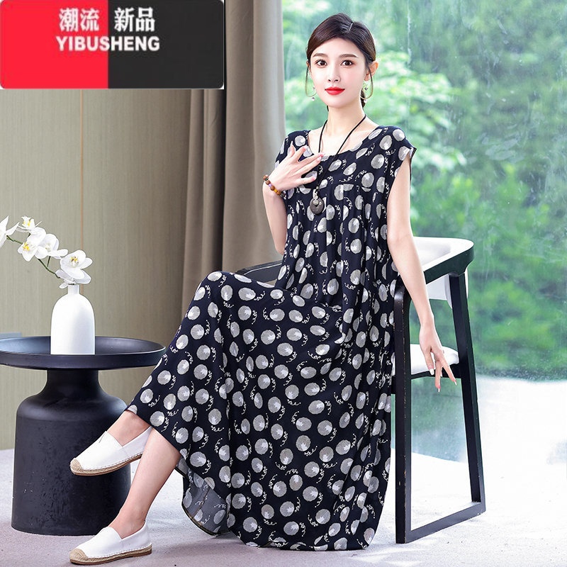 YIBUSHENG2024年新款季中老年妈妈装棉绸连衣裙女长款加肥加大码宽松裙子高清大图
