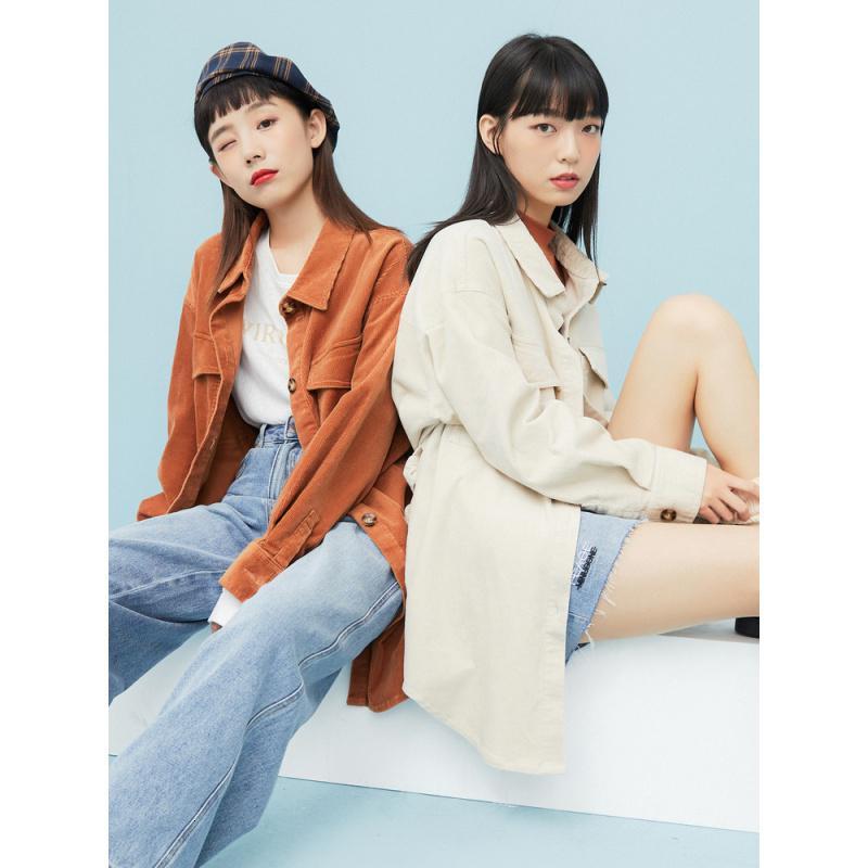 美特斯邦威灯芯绒夹克女新款秋季含腰带复古大衣女士长外套
