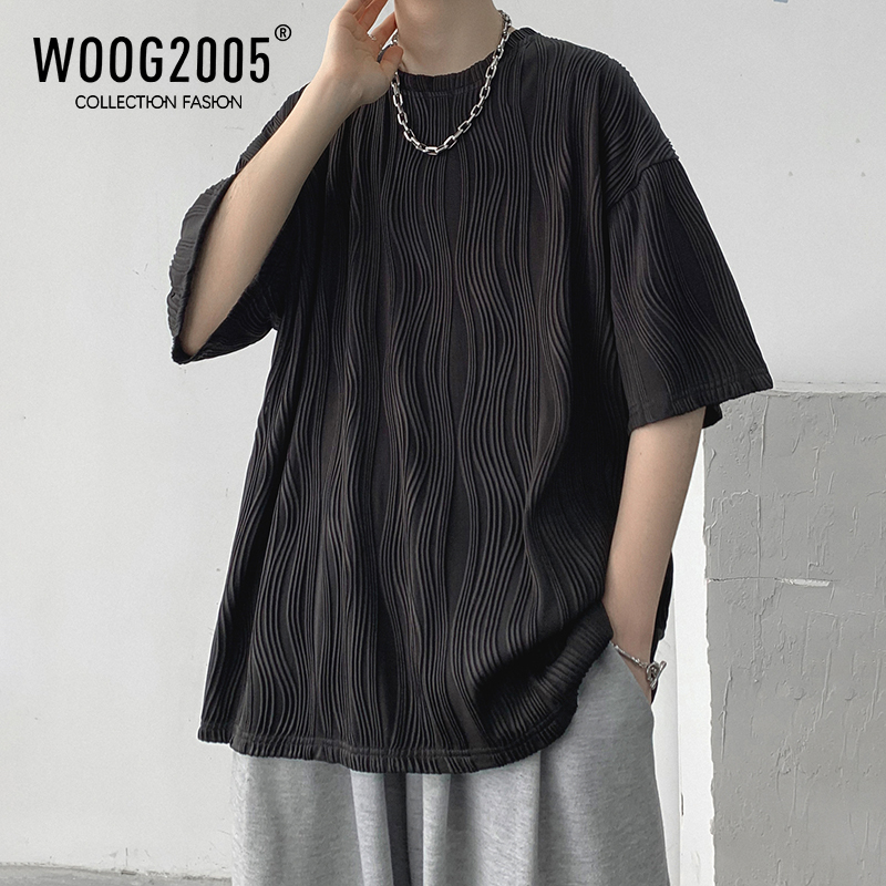 WOOG2005克莱因蓝短袖男设计感小众褶皱肌理感冰丝T恤七7分袖