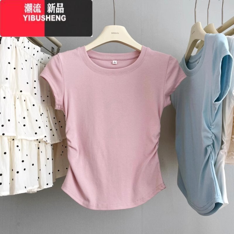 YIBUSHENGbaby蓝色正肩短袖T恤女2024季新款纯色显瘦修身褶皱收腰短上S高清大图