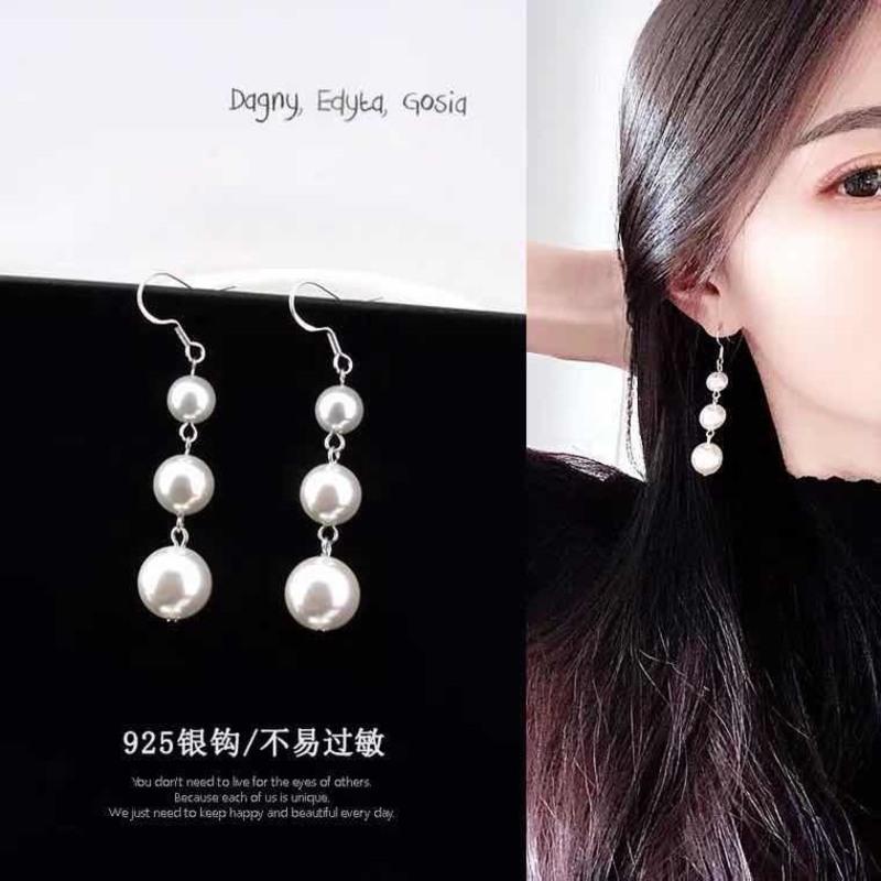 满天星珍珠耳环 超仙长款珍珠流苏耳坠 日韩气质耳饰无耳洞耳夹女 925银耳钩(3颗大小珠)银色