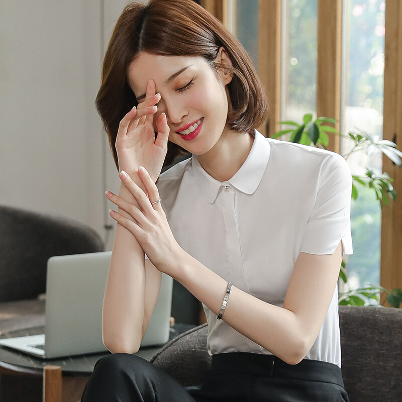 白色衬衫女短袖夏2018新款娃娃领职业正装圆领工装衬衣修身工作服白色