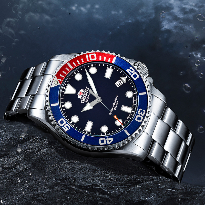 东方双狮orient日本原装深海百事可乐圈防水夜光钢带自动机械表男表