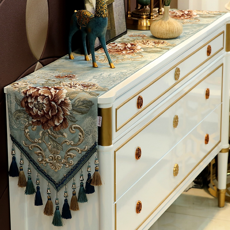 家柏饰(CORATED)欧式五斗柜桌旗餐边柜鞋柜电视柜装饰条桌巾餐桌巾桌布床轻奢 巧颜-米色蓝花纹 32*240cm高清大图