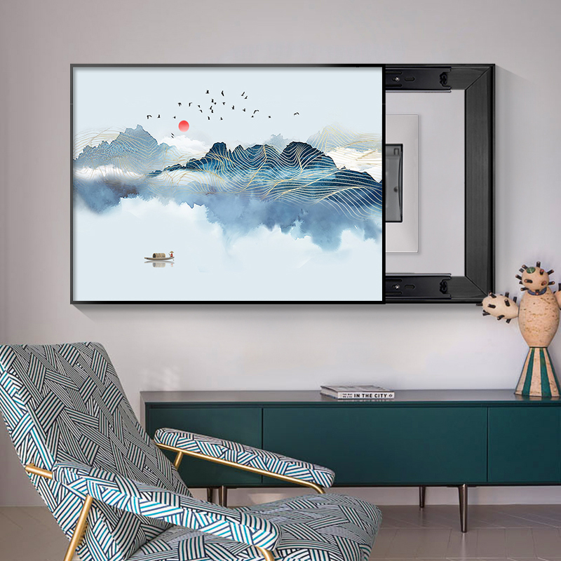 新中式电表箱装饰画免打孔 规格千山万水E摩登黑框50*40cm左推拉水晶面