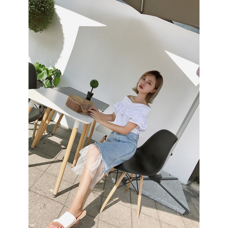 春季新款时尚网纱拼接半身裙A子裙女百搭学院风高腰显瘦牛仔裙图片色