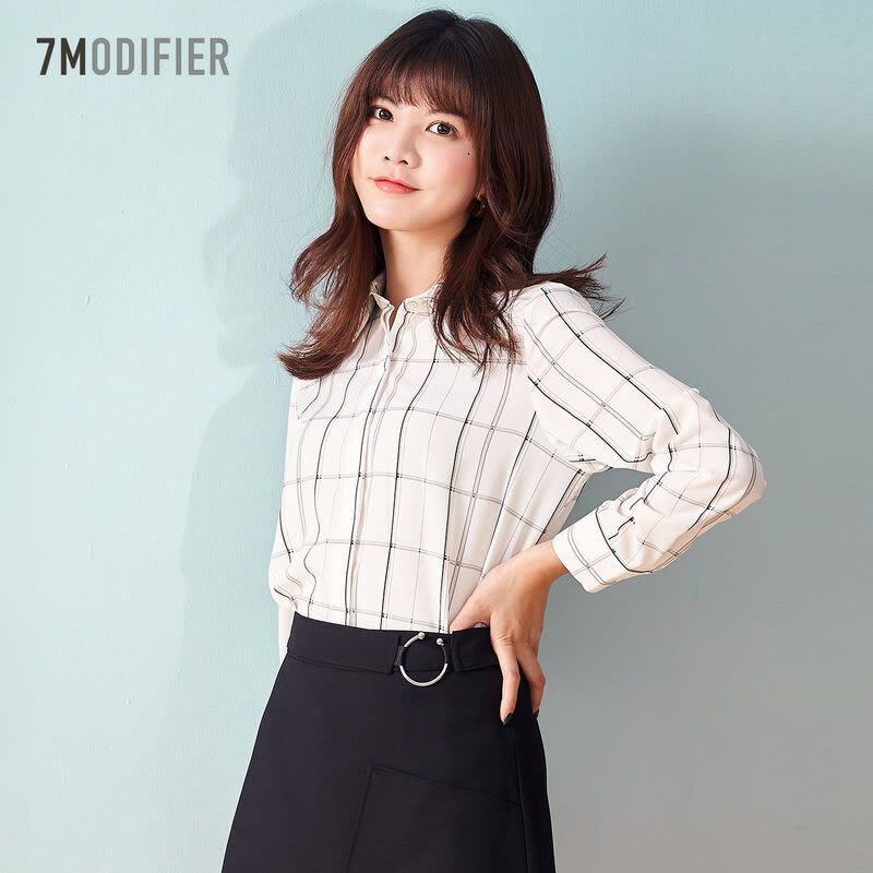 拉夏贝尔白色格子衬衫女韩版秋季新款宽松时尚上衣长袖百搭雪图片