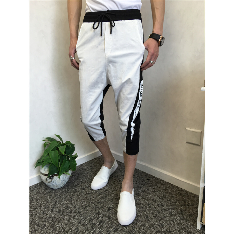夏季七分裤男韩版潮修身社会精神小伙束脚裤子小脚哈伦休闲短裤男白色