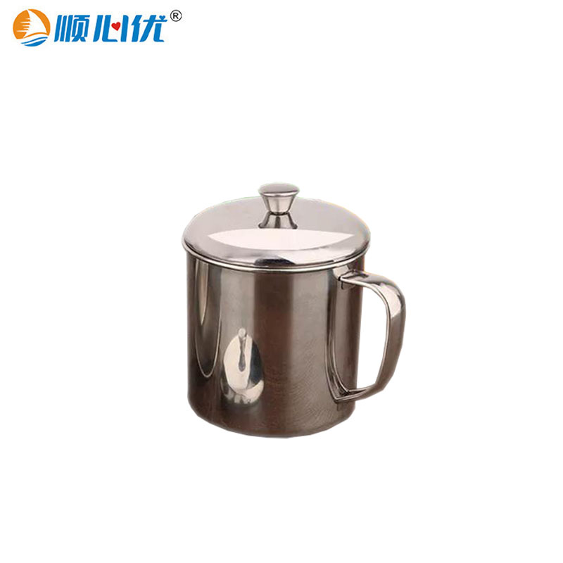 顺心优 304不锈钢水杯 口杯 手柄办公室茶杯 9cm450ml带盖/个 不锈钢色 9cm450ml带盖
