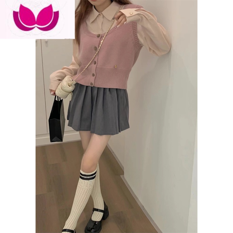 七斓法式少女粉长袖衬衫女秋季百搭甜美学院风上衣叠穿小背心套装高清大图