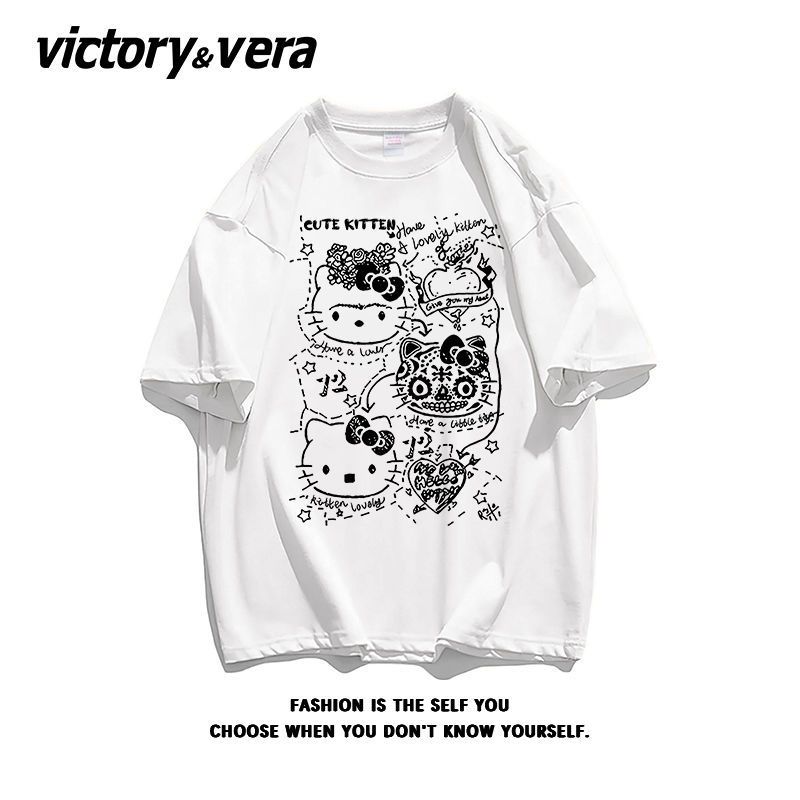 VICTORYVERA美式复古印花短袖T恤女卡通潮牌纯棉宽松半袖上衣chic