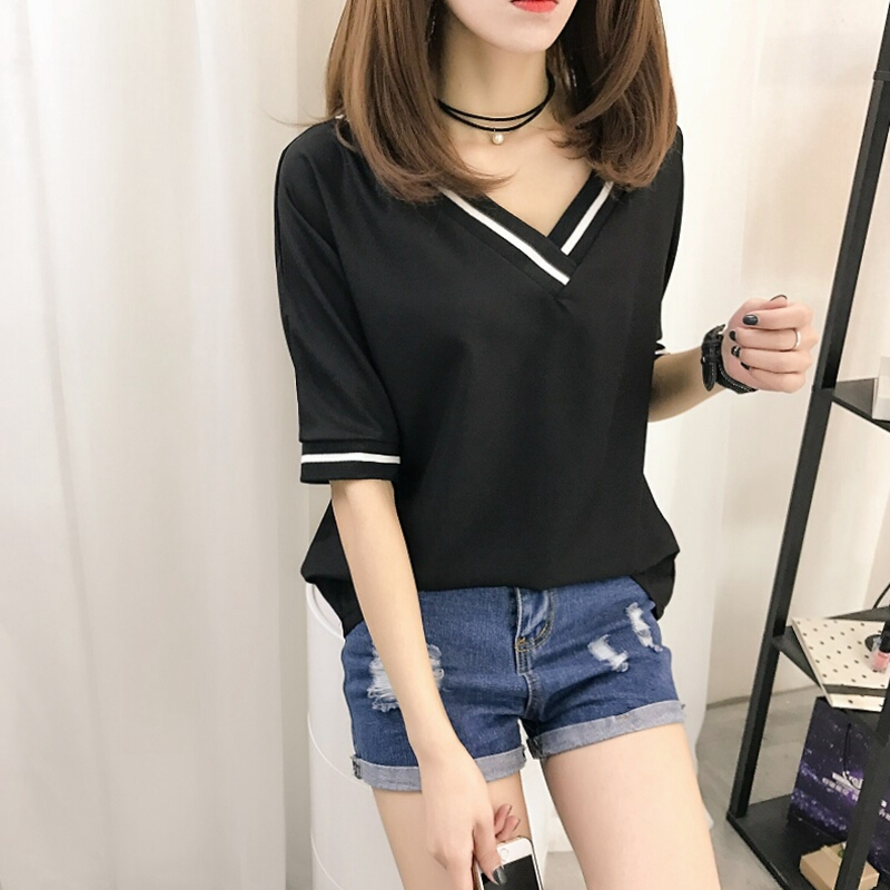大码女装胖mm短袖T恤女2018夏季新款v领上衣条纹显瘦打底衫200斤