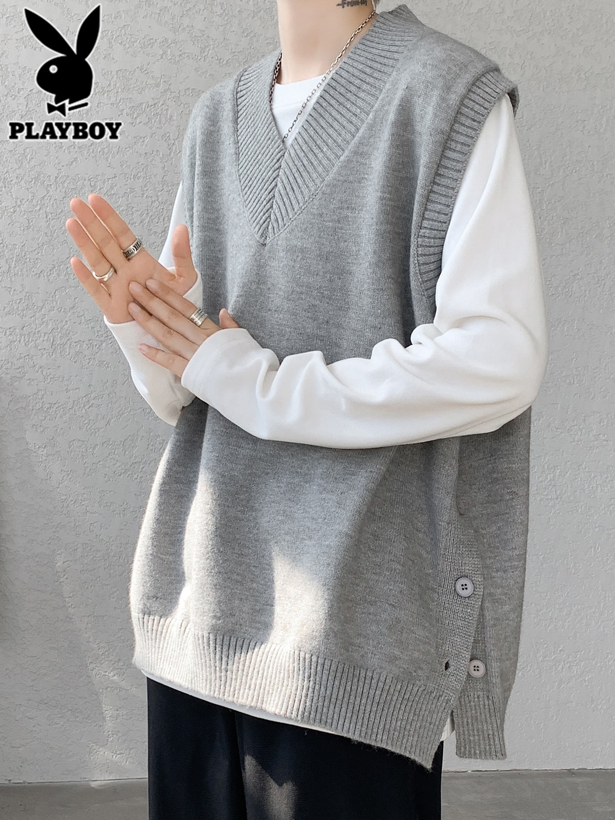 花花公子v领毛衣背心男士秋冬季潮牌青少年学院风内搭针织衫马背高清大图