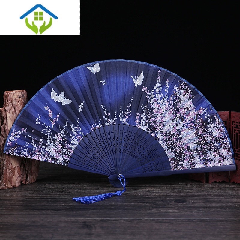 御蓝锦扇子折扇中国风古风女日式小复古布夏季跳舞舞蹈折叠古典古装