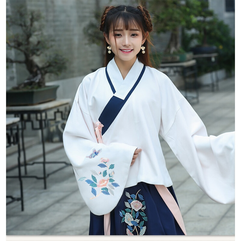 汉服女日常春装传统绣花长裙交领袄裙襦裙休闲古装三件套装fjq三件套(上衣+裙子+腰带)