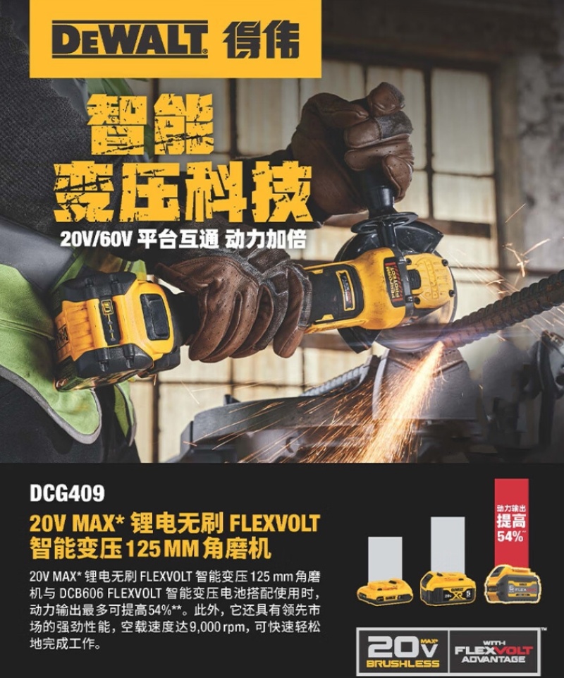 得伟20V锂电无刷智能变压125mm角磨机 一电一充DCG409-6X1套高清大图