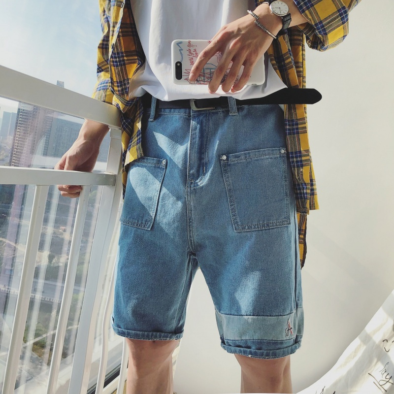 港风男士休闲百搭浅色牛仔短裤夏款年轻学生宽松直筒五分裤子薄款