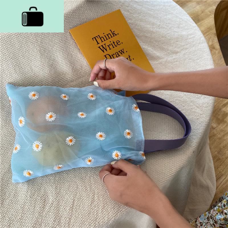 夏季2020新款小清新刺绣花朵透视网纱手提沙滩袋购物小包少女包包NEW LAKE女手包图片