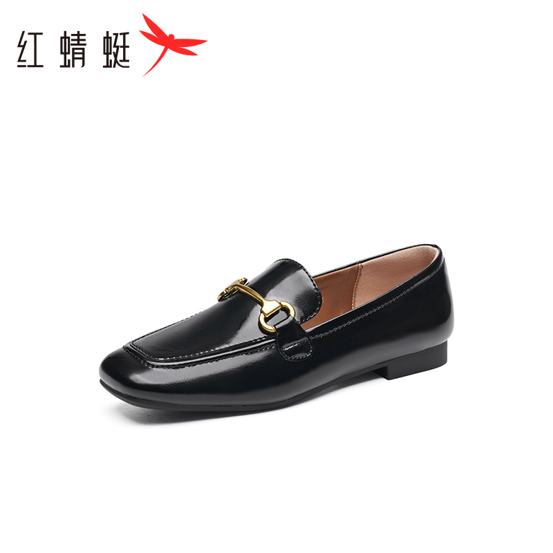 红蜻蜓乐福女鞋春秋百搭2025春秋新款一脚蹬粗跟平底英伦风小皮鞋