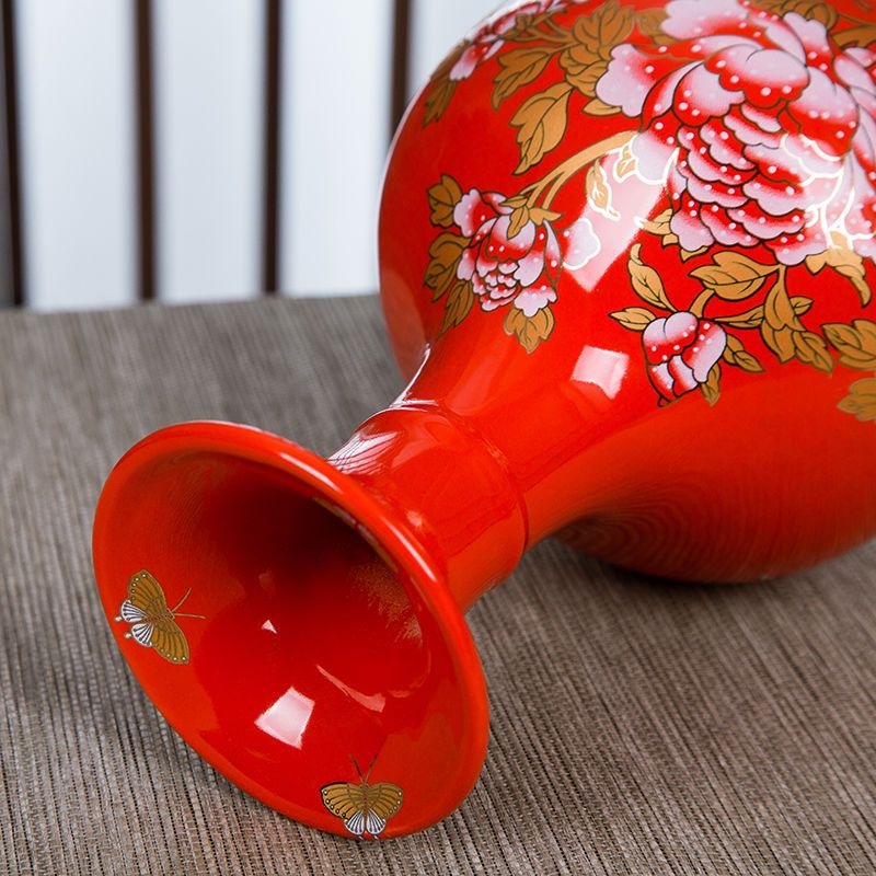 景德镇陶瓷器红色小花瓶摆件客厅插花器小瓷瓶结婚装饰品家居摆设|葫芦瓶(红色)PVC底座