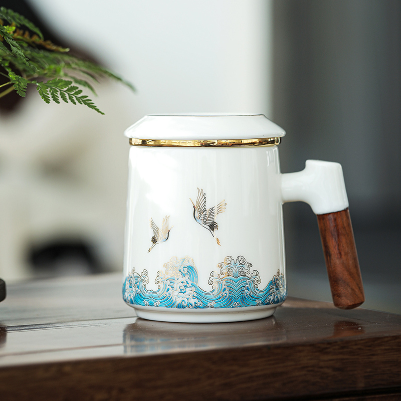 領藝 祥鹤观海茶杯茶水分离马克杯带盖过滤大容量办公室泡茶杯陶瓷功夫茶具国潮送礼 祥鹤观海木语办公杯礼盒装