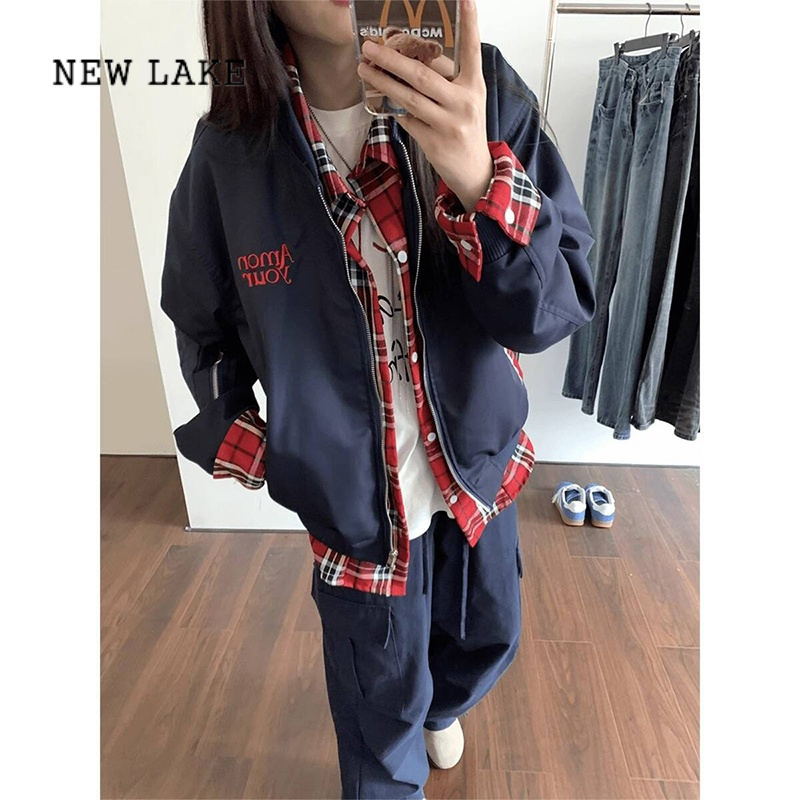 NEW LAKE美式复古飞行员藏青色假两件夹克女季小众设计感衬衫格子外套