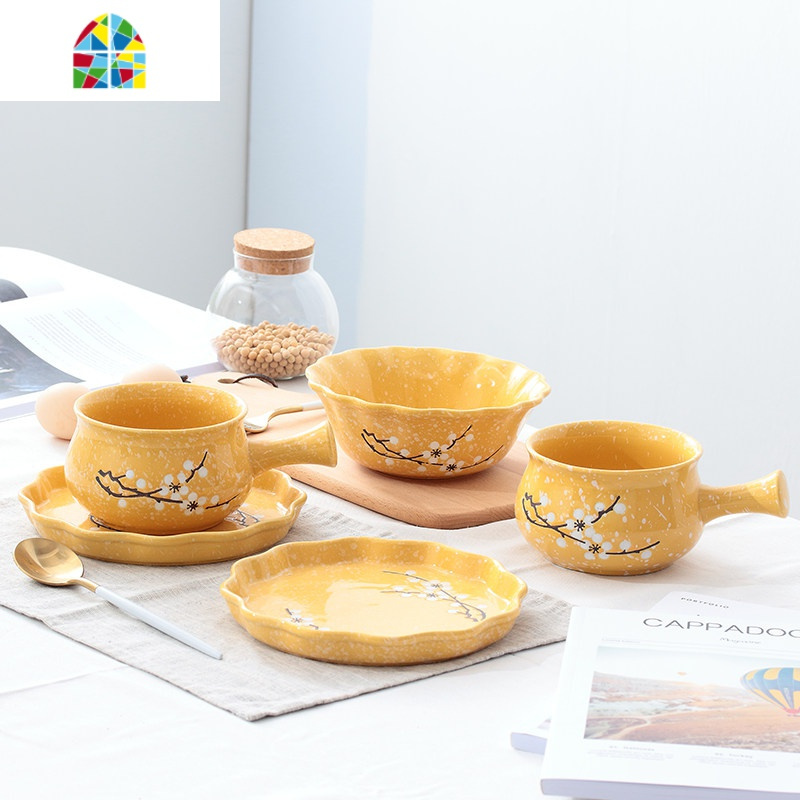 日式陶瓷早餐具套装家用雪花盘子可爱碗碟饭碗带手柄泡面碗 FENGHOU 雪花(黄色)五件套 5件