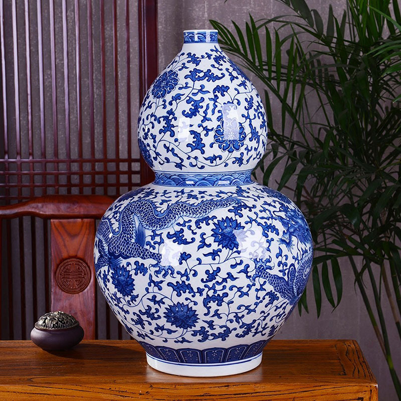 风源fy现代家居摆件陶瓷器落地58cm高花瓶青花瓷龙纹大葫芦装饰客厅