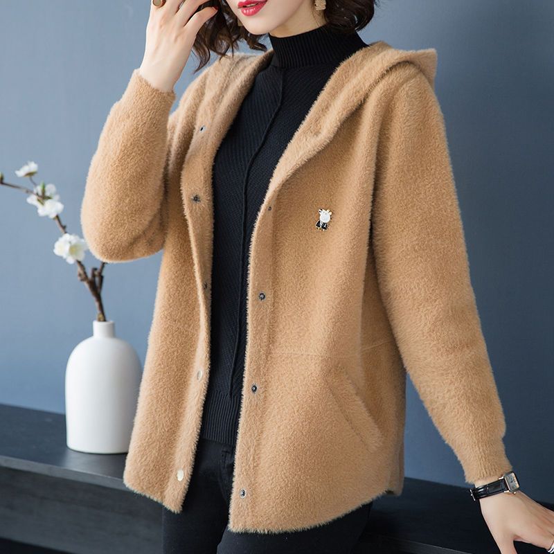 仿水貂绒外套短款秋冬百搭加厚上衣毛针织衫长袖韩版宽松短外套女