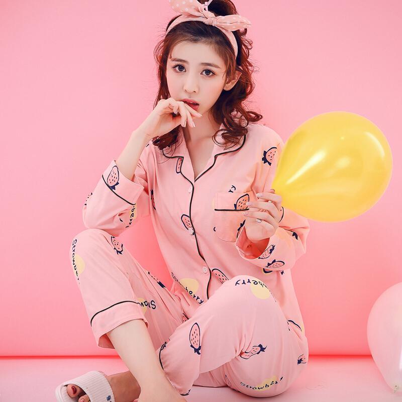 睡衣女春秋纯棉长袖韩版甜美可爱宽松大码薄款开衫女士家居服套装
